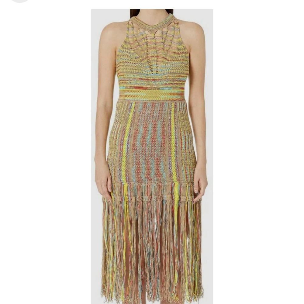M by Missoni Women's Yellow Crochet Fringe Sleeveless Shift
Dress Size L